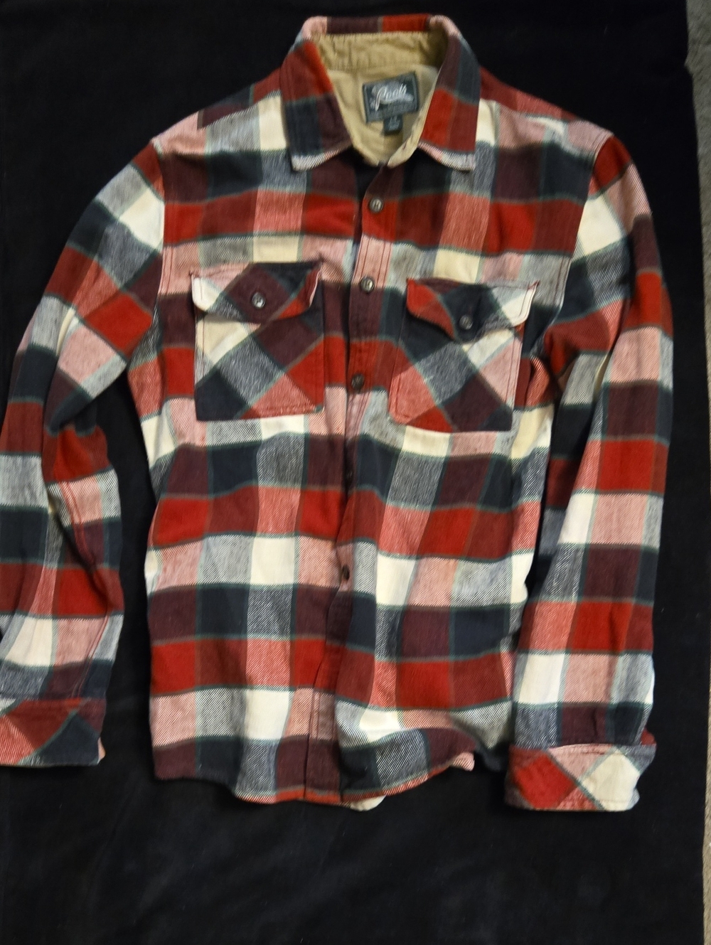 Vintage Roots Red, Black & Green Plaid Flannel Shirt with Tan Collar Size LARGE